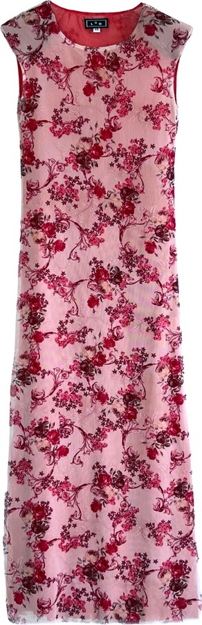 L2R the Label Shoulder Pad Printed Mesh Dress In Red & Pink