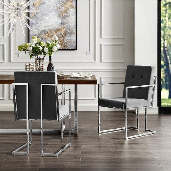 INSPIRED HOME InspiredHomeVanderbiltVelvetButtonTuftedSquareArmDiningChairwithStainlessSteelChromeFrame(Setof2)Grey