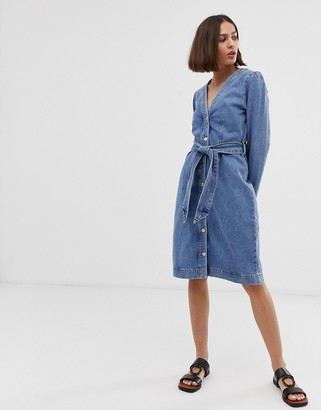 Selected button down denim dress with tie waist