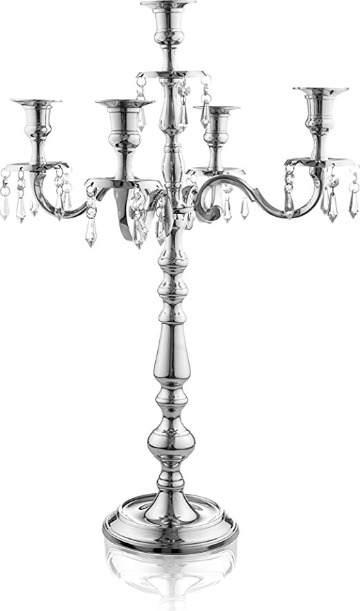 Klikel Silver Candelabra - Traditional 16 Inch 5 Candle Candelabra With Crystal Drops - Classic Elegant Design - Wedding Dinner Party Centerpiece - Nickel Plated Aluminum - Dangling Acrylic Crystals