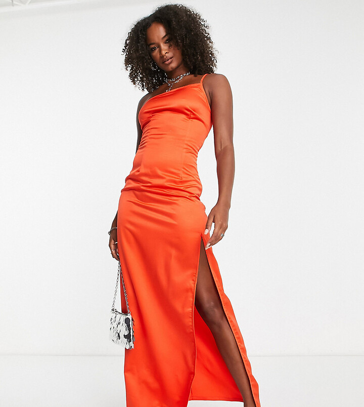 Extro & Vert Tall one shoulder maxi dress with split in rust satin ...