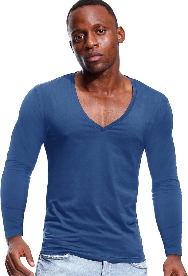 Zbrandy Deep V Neck Shirts Men Long Sleeve Stretch T-Shirt Low Cut  Undershirts Blue XXL - ShopStyle