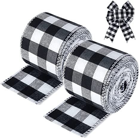 19.6 Yard 2.5 inch Wide Buffalo Plaid Ribbons Wired Edges, 2 Rolls Black and White Checkered Ribbon for Christmas Tree Gift Decorations