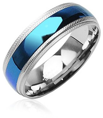 8MM High Polished Stainless Steel Comfort-Fit Ring with Blue Plated Center and Milgrain Edges- Crazy2Shop