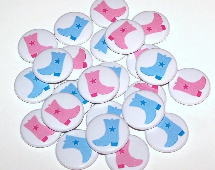 Cowboy & Cowgirl Boots Gender Reveal Party | 20 Pack Buttons Baby Shower Favor 1" Or 1.5" 2.25" Pin Back Button Pink Blue Magnets