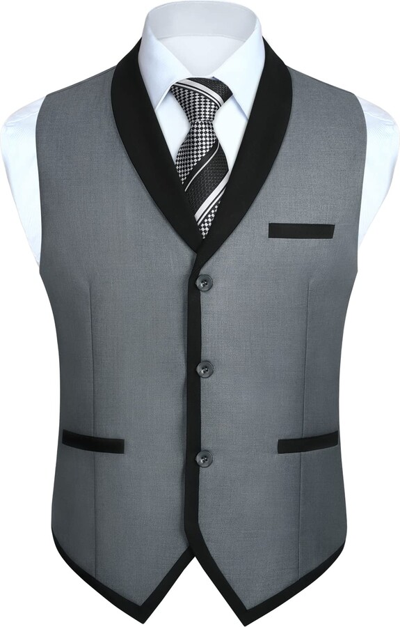 HISDERN Mens Waistcoats Lapel Waistcoat With Pockets Gents Contrast