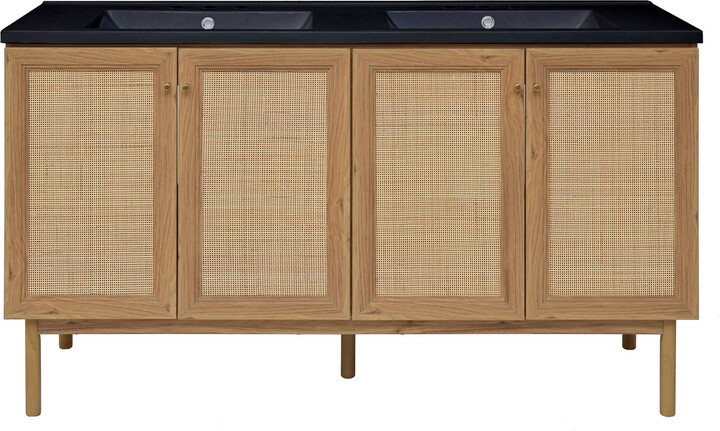 Classe 60" Freestanding Bathroom Vanity in Golden Oak with Black 3-Hole Widespread Double Basin Sink Top