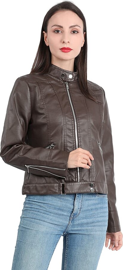 Ladies Windproof Power Shoulder Retro Slim Motorcycle Jacket,Women Faux Leather Zipper Stand Collar Coat 