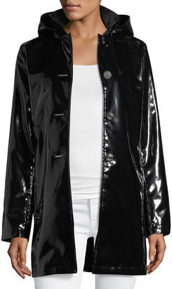 Jane Post Button-Front Shiny Waterproof Rain Slicker Jacket