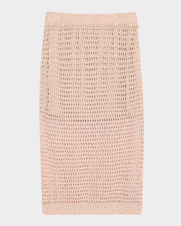 Brunello Cucinelli Linen Paillette Open-Knit Midi Skirt