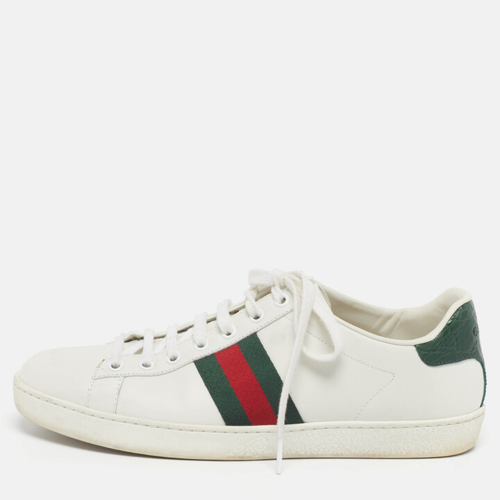 Gucci Ace Size 39.5 White Croc Embossed Leather and Leather Lace Up Sneakers