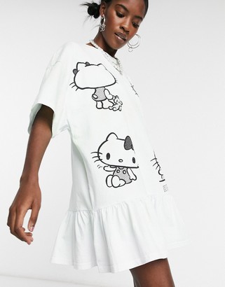 New Girl Order x Hello Kitty oversized T-shirt dress with frill hem in tie-dye with graphics