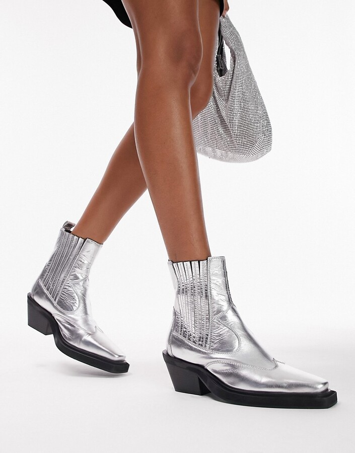 Topshop Miffy leather western ankle boot in silver - ShopStyle