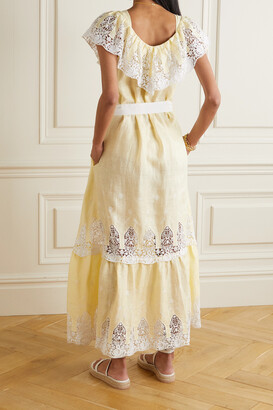 Miguelina Thalia Belted Crocheted Cotton And Linen Maxi Dress - Yellow