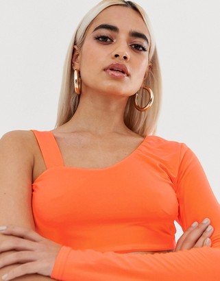 Fashionkilla Petite one shoulder long sleeve crop top in fluro orange