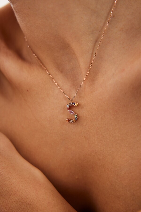 Etsy Diamond & Sapphire Initial Necklace Rainbow Letter Pendant