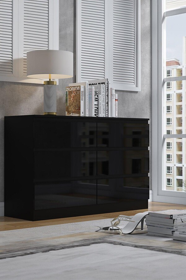 FWStyle 6 Drawer High Gloss Black Chest Of Drawers Stora ShopStyle