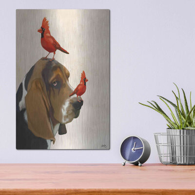 Red Barrel Studio Basset Hound and Birds by Fab Funky - Unframed Print on Metal