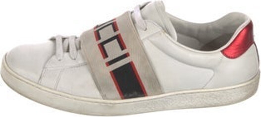 Gucci Ace Low Top Sneakers White Leather Sylvie Web Accent Rubber Trim Round-Toes Lace-Up Closure at Uppers Designer