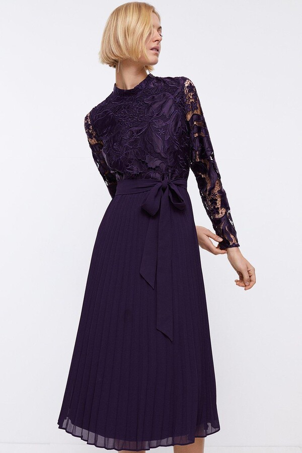 Long Sleeve Scallop Lace Bodice Pleat Skirt Dress ShopStyle