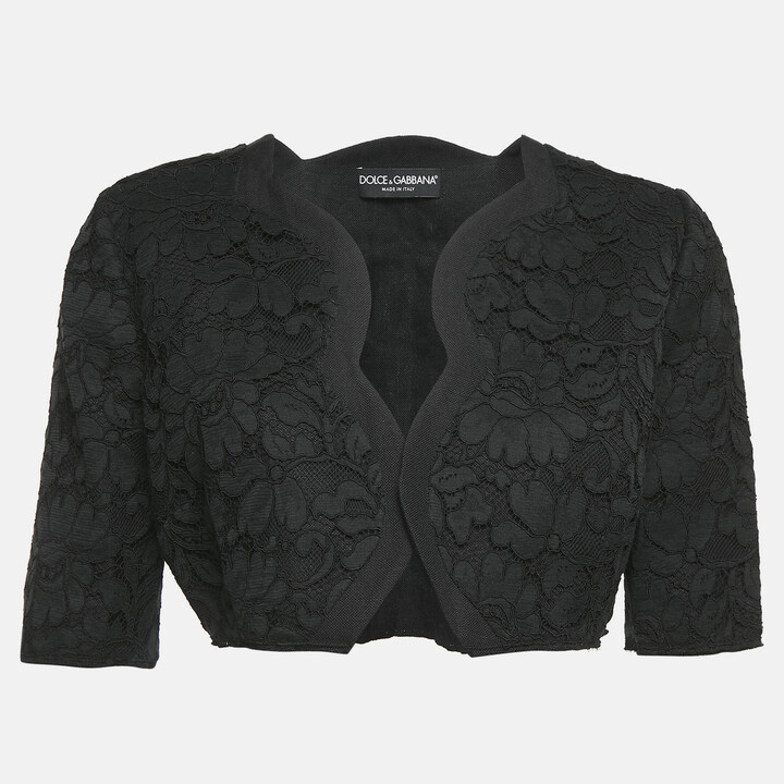 Dolce & Gabbana Black Corded Lace Open Front Cropped Jacket M