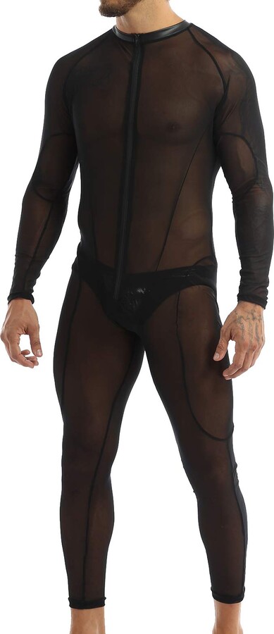 Agoky Men's Jumpsuit Undershirt Long Sleeve Mesh Wrestling Singlet See ...