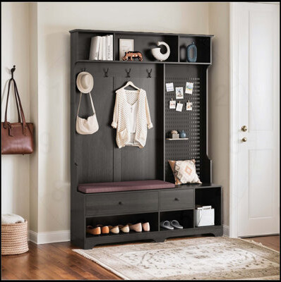 Multi-purpose Hallway Hall Tree with Removable Linen Cushioned Entryway Bench, Coat Rack, and Storage Solutions for Modern Living