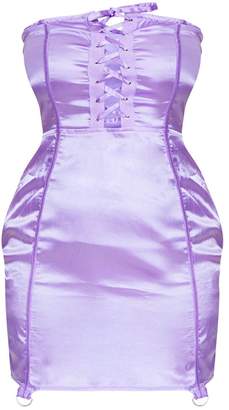 PrettyLittleThing Plus Lilac Satin Lace Up Detail Bandeau Bodycon Dress