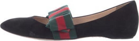 Gucci Suede Flats Web Accent Semi-Pointed Toes with Bow Accents Includes Box & Dust Bag Size not listed, estimated from measurements. Designer