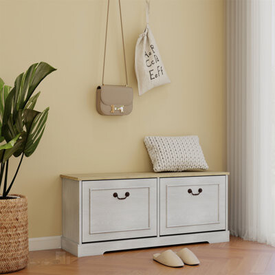 Modern Shoe Storage Bench with Flip Top Drawers and Adjustable Shelves for Entryway and Hallway - Antique White Finish
