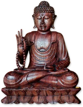 Novica Religious Wood Sculpture, 11.75" Tall 'Serene Buddha'