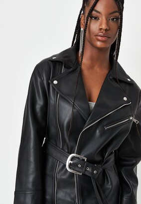 Missguided Black Faux Leather Belted Waist Biker Jacket - ShopStyle