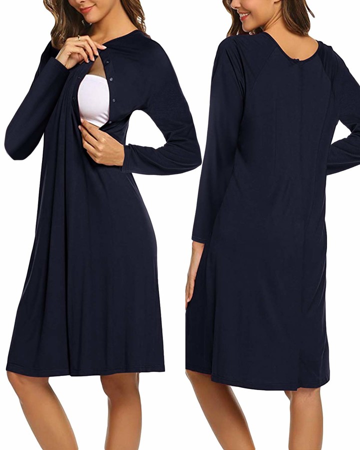SUNNYME Women Maternity Dress Long Sleeve Nursing Nightdresses Button