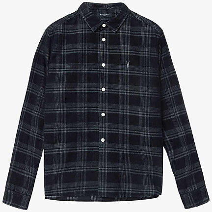AllSaints Mens Surge Black Rockley Logo-Embroidered Checked Cotton Shirt Xs