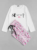 Thumbnail for your product : Shein Letter & Facing Print Tee & Pants PJ Set