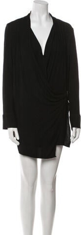 Helmut Lang Shift Dress Black Pleated Accents Long Sleeve with Cowl Neck Button Closure at Front Designer