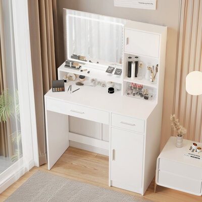 Vanity Desk With Mirror And LED Light Strip,Dressing Table With Large Drawer, 3 Level Storage Dresser & 3 Lighting Modes Adjustable Brightness, Suitab
