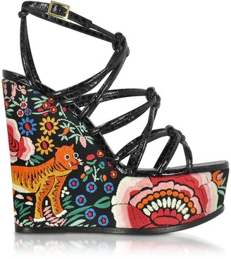 Roberto Cavalli Floral Embroidered Black Leather Wedges