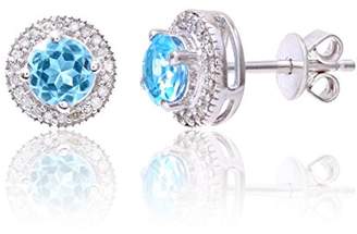 Theia Sterling Silver Round Shaped Pretty Blue Topaz Gem Stone with a Diamond Frame Stud Earrings