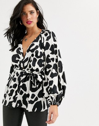 Asos Design DESIGN plunge top with kimono sleeve and belt detail in animal print