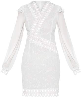 PrettyLittleThing White Broderie Anglaise Long Sleeve Lace Trim Shift Dress