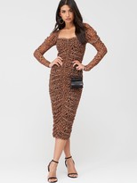 Thumbnail for your product : Missguided Mesh Leopard Puff Sleeve Midi Dress - Brown