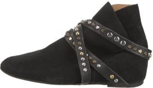 Etoile Isabel Marant Suede Ankle Lace-Up Boots Black Round-Toes with Studded Accents Multistrap & Snap Closure at Ankles