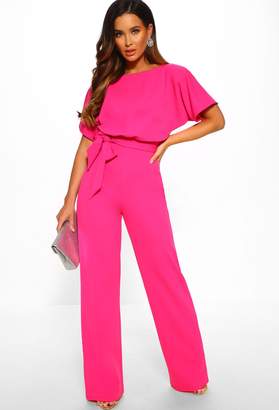 Pink Boutique Oh So Glam Fuchsia Batwing Belted Wide Leg Jumpsuit
