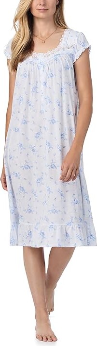 Eileen West Cap Sleeve Cotton Modal Waltz Gown Women's Pajama White Ground Blue Floral : SM, Cotton/Modal