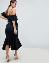 Thumbnail for your product : ASOS Maternity DESIGN maternity ruffle cold shoulder asymmetric pephem midi dress