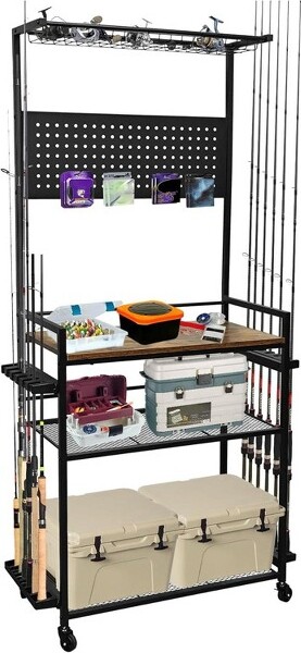 GaoMon FishingRodHoldersforGarage-12-RodStorageRackwithHooks&Wheels|MobileTackleBoxCart+PegboardforWinterFishing