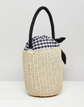 ASOS Design Straw Top Handle Basket Bag With Gingham Insert