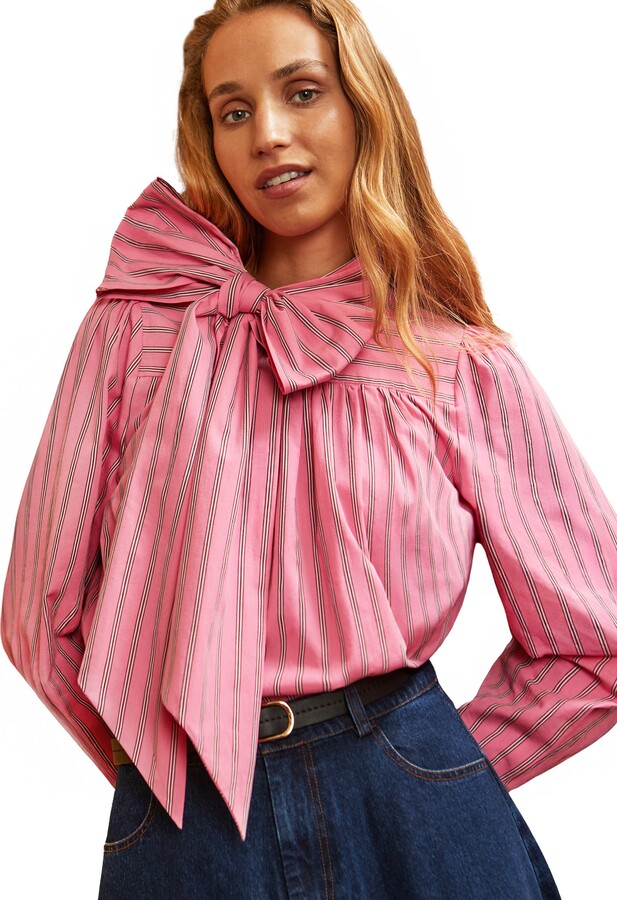 Ro&Zo Striped Long Sleeve Bow Detail Blouse
