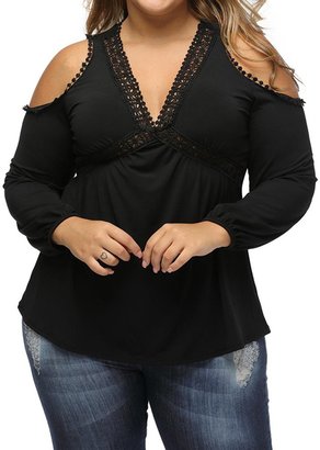 Min Qiao Women's Plus Size Sexy Cold Shoulder V-Neck Long Sleeve Crochet Tops Blouses T Shirt